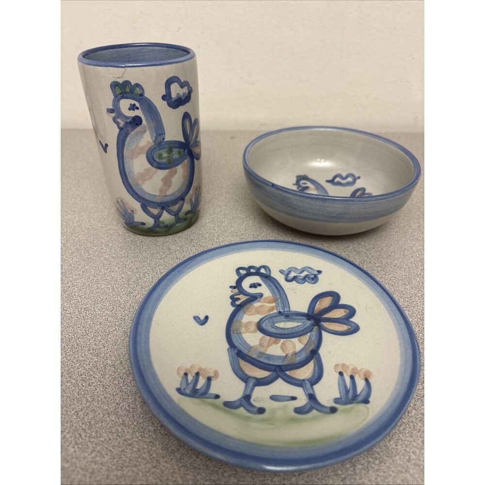 M.A. Hadley Pottery Chicken Tumbler, 6” Bread & Butter Plate, 5” Bowl